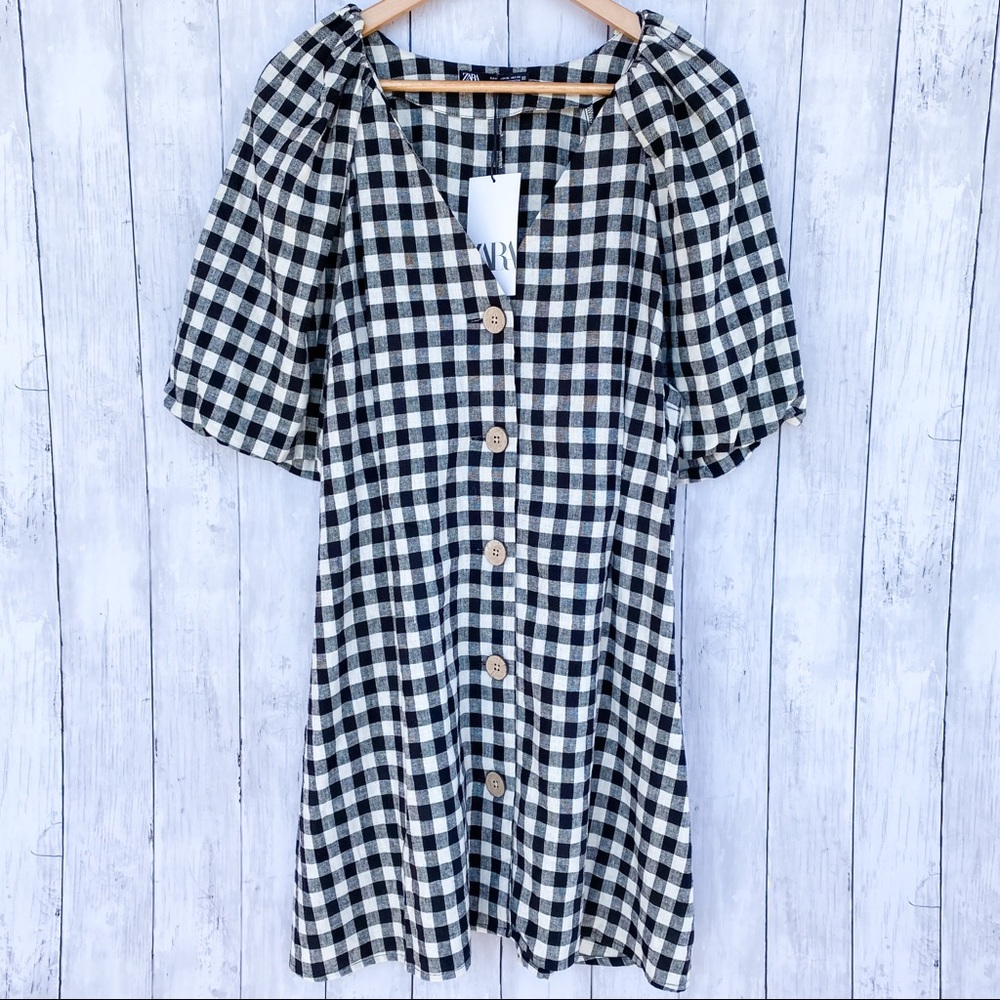 Zara Gingham Black & White Button Up Shirt Dress